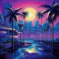 Vibrant retro 80\'s neon background essence of a bygone era, complete with palm trees and a mesmerizing sunset.