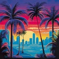 Vibrant retro 80\'s neon background essence of a bygone era, complete with palm trees and a mesmerizing sunset.