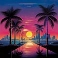 Vibrant retro 80\'s neon background essence of a bygone era, complete with palm trees and a mesmerizing sunset.