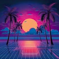 Vibrant retro 80\'s neon background essence of a bygone era, complete with palm trees and a mesmerizing sunset. Royalty Free Stock Photo