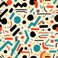 A vibrant retro seamless pattern with colorful abstract hand drawn shapes including circles lines and squiggles on a light Royalty Free Stock Photo