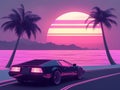 Retro Futuristic Beach Sunset with Sports Car Royalty Free Stock Photo