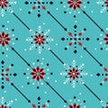 Vibrant retro winter diagonal seamless pattern with white, red and blue snowflakes