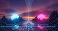 Retrofuture Neon Grid Landscape with Binary Data Stream and Dual Sunsets Royalty Free Stock Photo
