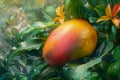 Vibrant Ripe Mango on Tree Surrounded by Lush Greenery and Orange Flowers in Tropical Orchard