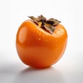 A vibrant, ripe persimmon with water droplets on its bright orange skin, contrasted by distinct brown leaves against a white