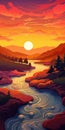 Vibrant River Sunset Illustration With Cartoonish Style