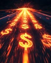 A vibrant road illuminated by glowing dollar signs, symbolizing wealth and prosperity Royalty Free Stock Photo