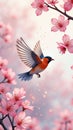 Vibrant robin in flight among cherry blossoms surrounded by sparkling magic Royalty Free Stock Photo