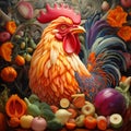 Vibrant Rooster Painting With Mythological Iconography In Evgeni Gordiets Style