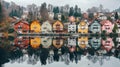 Vibrant row of homes by a lake with colorful reflections in the water. Scenic beauty, Ai Generated