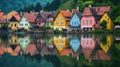 Vibrant row of homes by a lake with colorful reflections in the water. Scenic beauty, Ai Generated Royalty Free Stock Photo