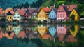 Vibrant row of homes by a lake with colorful reflections in the water. Scenic beauty, Ai Generated