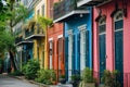 A vibrant row of houses in various hues lines a bustling city street, showcasing the lively architecture and urban atmosphere, Royalty Free Stock Photo