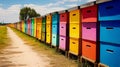 Vibrant rows of beehives, adding a lively touch to the apiary