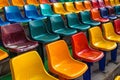 Vibrant rows of multi colored plastic seats fill the stadium grandstand