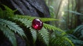 Luminous Red Ruby Gemstone Nestled on Lush Green Fern in a Mystical Forest Royalty Free Stock Photo