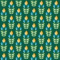Vibrant saffron and aqua blue painterly flowers in minimal damask style design. Seamless vector pattern on green Royalty Free Stock Photo
