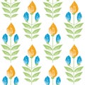 Vibrant saffron and aqua blue painterly flowers in minimal damask style design. Seamless vector pattern on white Royalty Free Stock Photo