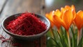 Vibrant saffron threads in dish next to blooming crocus flowers Royalty Free Stock Photo