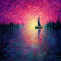 Vibrant Sailboat Painting In Purple Water At Sunset