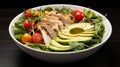 Cherry tomatoes, avocado, and grilled chicken in a bowl of Salad
