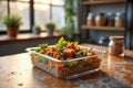 Vibrant salad with cubed carrots and greens in sunlit kitchen Royalty Free Stock Photo