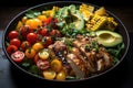 Vibrant Salad: Green leaves, tomatoes, avocado, corn, mango and grilled chicken in perfect harmony., generative IA