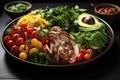 Vibrant Salad: Green leaves, tomatoes, avocado, corn, mango and grilled chicken in perfect harmony., generative IA