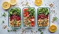 Vibrant salad meal prep with quinoa, chickpeas, arugula, and fresh vegetables Royalty Free Stock Photo