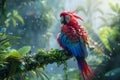 Vibrant Scarlet Macaw Parrot Perched on Branch in Misty Tropical Rainforest with Sunbeams Peeking Through Foliage