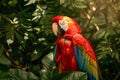 Vibrant Scarlet Macaw Parrot Perched in Lush Greenery, Exuding Tropical Elegance and Wildlife Majesty