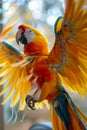 Vibrant Scarlet Macaw Parrot Spreading Its Colorful Wings in a Dynamic Display of Feathers and Beauty