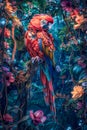Vibrant Scarlet Macaw Perched in Lush Tropical Jungle with Colorful Flowers and Foliage