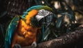 Vibrant scarlet macaw perched on tropical branch generated by AI