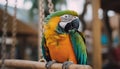 Vibrant scarlet macaw perching on branch, looking at camera generated by AI