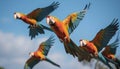 Vibrant scarlet macaws fly free in tropical rainforest paradise generated by AI