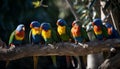 Vibrant scarlet macaws perching on branch in tropical rainforest generated by AI
