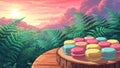 Macarons on the Wooden Table in a Fantasy Landscape with Soft Sunset Sky Royalty Free Stock Photo