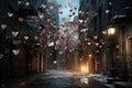 A vibrant scene of a city street filled with countless hearts soaring through the air, Paper hearts fluttering down on a city