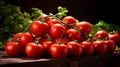 vibrant scene of fresh tomatoes, just picked from the bush, still glistening with dew, AI-generated Royalty Free Stock Photo