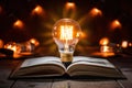 Vibrant scene with glowing light bulb atop open book, casting soft golden glow on pages