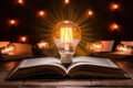 Vibrant scene with glowing light bulb atop open book, casting soft golden glow on pages