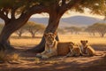 Vibrant scene of a majestic lioness and her cubs