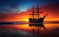 Vibrant scene of a pirate sailboat at anchor at the shore. The vessel is silhouetted and against the sunset with beautiful orange Royalty Free Stock Photo