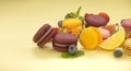 Vibrant scene of table filled with macaroons and fruits