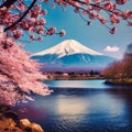 vibrant scenery Japan Fuji mountain cherry blossom kawaguchi lake, generative AI