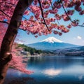 vibrant scenery Japan Fuji mountain cherry blossom kawaguchi lake, generative AI