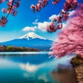 vibrant scenery Japan Fuji mountain cherry blossom kawaguchi lake, generative AI