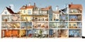 A vibrant schematic illustration presents a cutaway view of a large residential home, exposing its internal arrangement